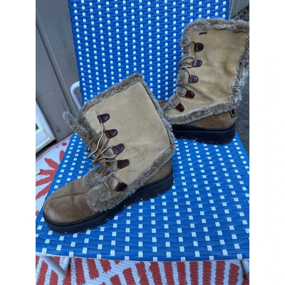 Sketchers Outdoor Tan Suede Faux Fur Trim‎ Winter Boots Lug Sole 45708 Womens 10